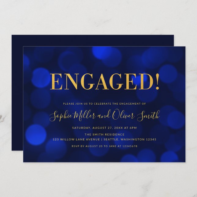 Invitation Sapphire Blue Bokeh Faux Gold Engagement Party (Devant / Derrière)