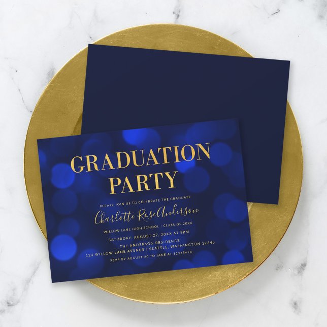 Invitation Sapphire Blue Bokeh Faux Gold Graduation Party (Créateur téléchargé)