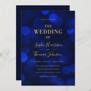 Invitation Sapphire Blue Bokeh Lights Faux Gold Mariage