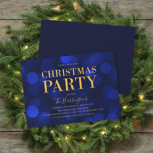 Invitation Sapphire Blue Bokeh Lights Gold Christmas Party