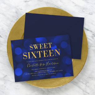 Invitation Sapphire Blue Bokeh Lights Sweet sixteen Anniversa
