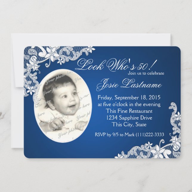 Invitation Sapphire Blue et Floral dentelle photo Anniversair (Devant)