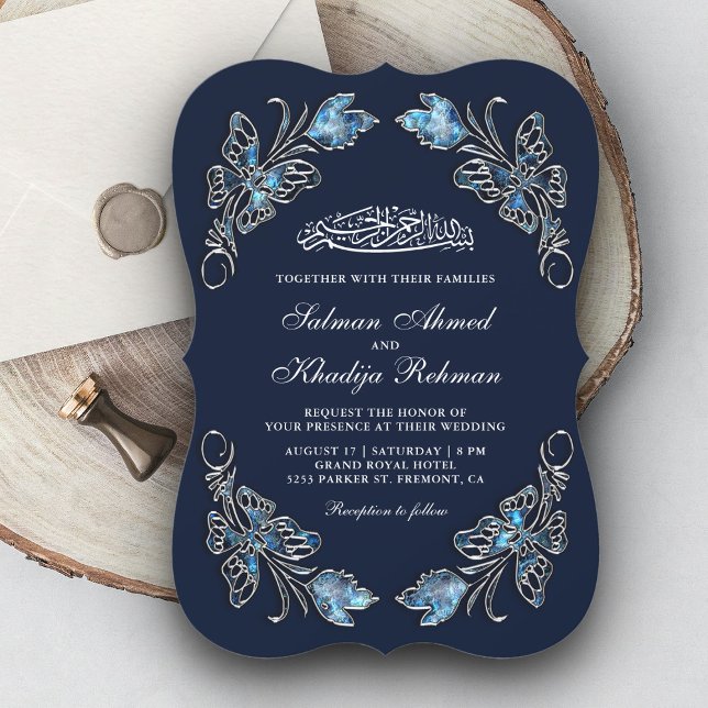 Invitation Sapphire Blue Floral Butterflies Mariage islamique (Créateur téléchargé)