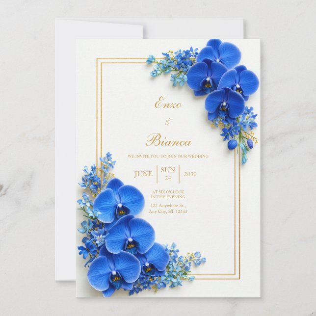 Invitation Sapphire Blue Gilded Orchid Botanical Wedding (Devant)
