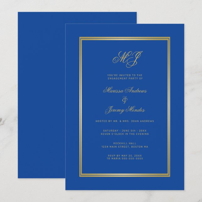Invitation Sapphire Blue Gold Monogram Partie d'engagement (Devant / Derrière)