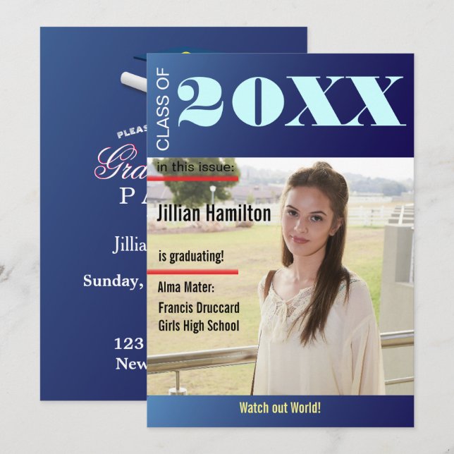 Invitation Sapphire Blue Graduation Magazine Couverture Invit (Devant / Derrière)