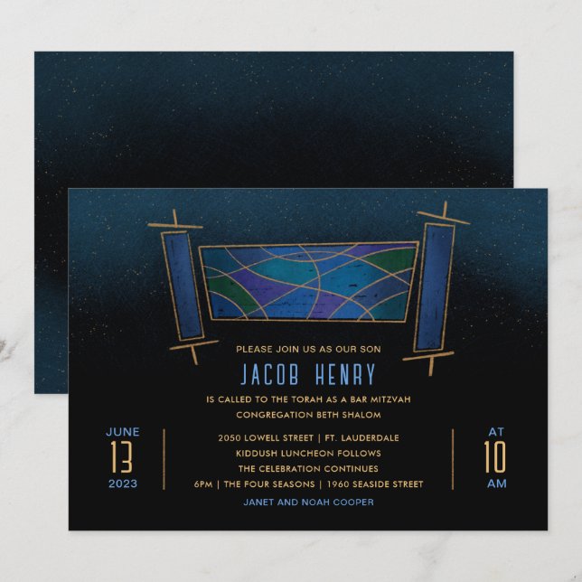 Invitation Sapphire Blue Mosaic Torah Scroll Bar/Bat mitzvah (Devant / Derrière)