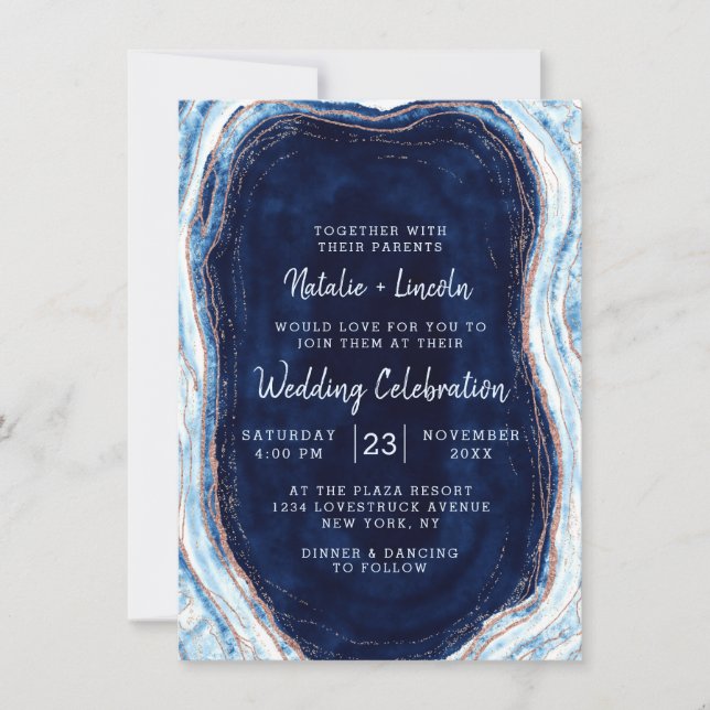 Invitation Sapphire Blue Rose Gold Geode Agate Marbre Mariage (Devant)