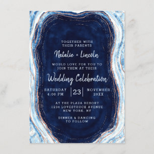 Invitation Sapphire Blue Rose Gold Geode Agate Marbre Mariage