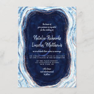 Invitation Sapphire Blue Rose Gold Geode Agate Marbre Mariage