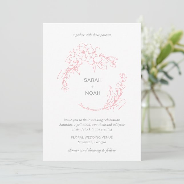 Invitation Sarah Pink Floral Wreath Mariage moderne (Debout devant)