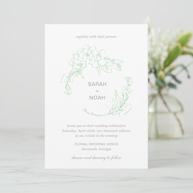 Invitation Sarah Sage Green Floral Wreath Moderne Mariage (Debout devant)