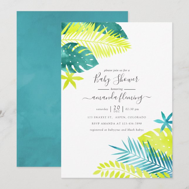 Invitation Sarcelle - Baby Shower Tropical Turquoise et Citro (Devant / Derrière)