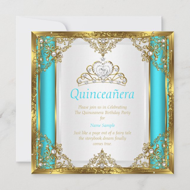 Invitation Sarcelle Bleu Or Blanc Perle Princesse Quinceanera (Devant)