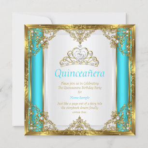 Invitation Sarcelle Bleu Or Blanc Perle Princesse Quinceanera