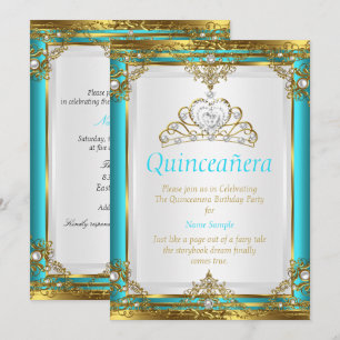 Invitation Sarcelle Bleu Or Blanc Perle Princesse Quinceanera
