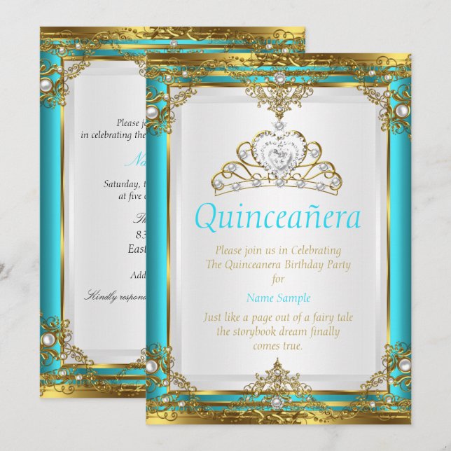 Invitation Sarcelle Bleu Or Blanc Perle Princesse Quinceanera (Devant / Derrière)