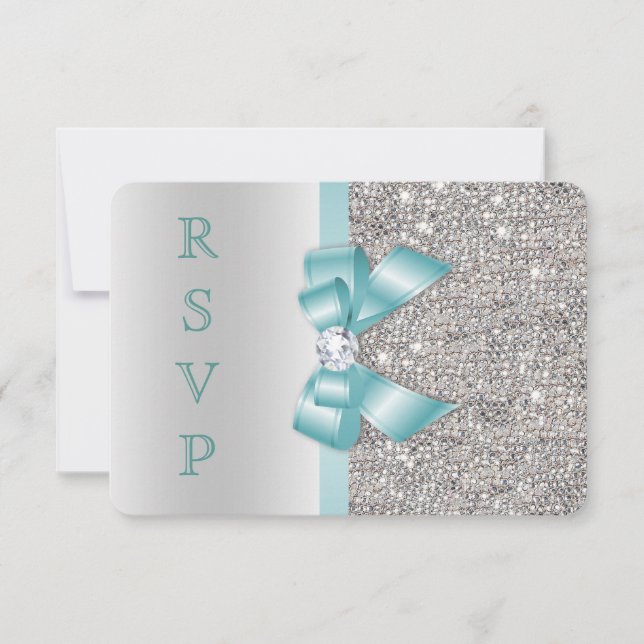 Invitation Sarcelle Faux Arc Argent Paillettes Diamant RSVP (Devant)