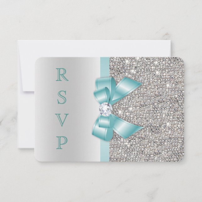 Invitation Sarcelle Faux noeud papillon Sequins argent Diaman (Devant)