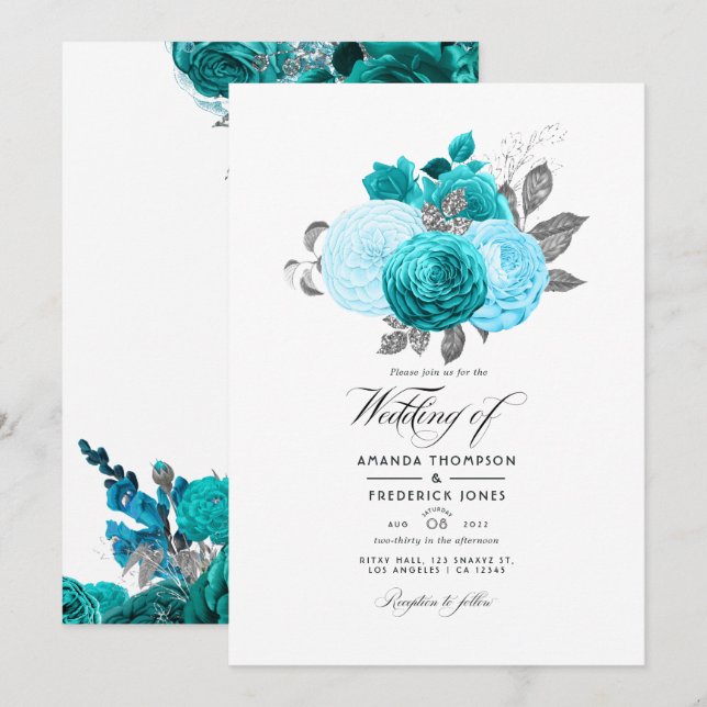 Invitation Sarcelle - Mariage floral turquoise et argent (Devant / Derrière)