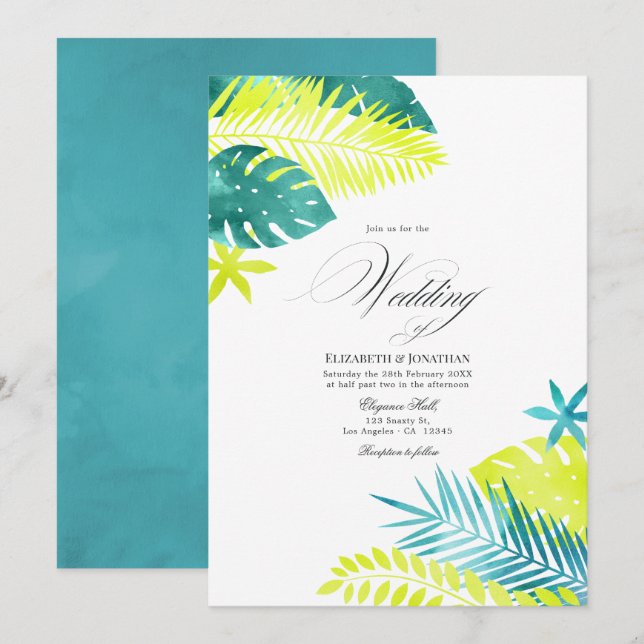 Invitation Sarcelle - Mariage Tropical Turquoise et Citron (Devant / Derrière)