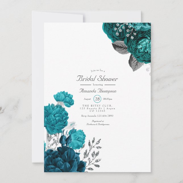 Invitation Sarcelle - Mariage Turquoise et Argent Floral (Devant)