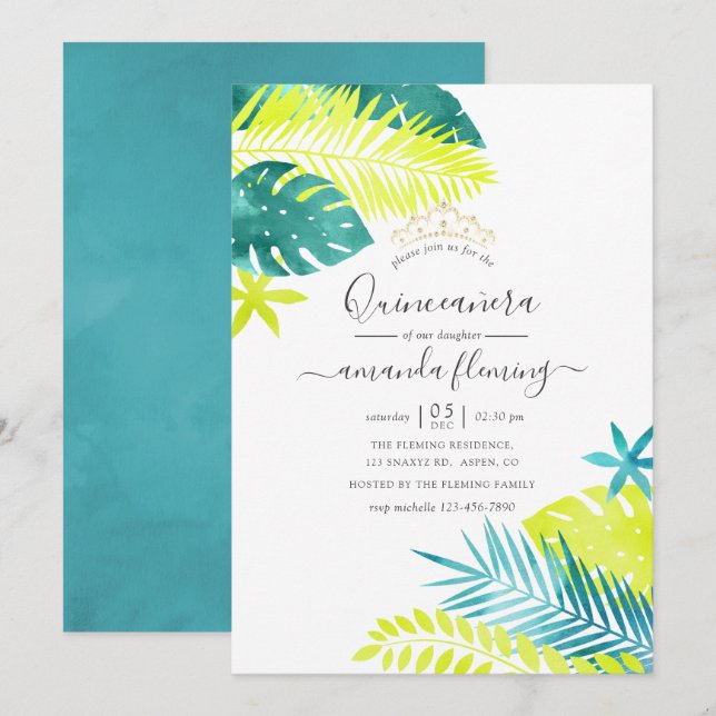 Invitation Sarcelle - Quinceañera tropical turquoise et citro (Devant / Derrière)