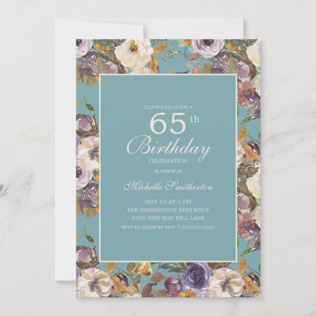 Invitation Sarcelle Violet Moutarde Ivoire Floral 65e Anniver (Devant)