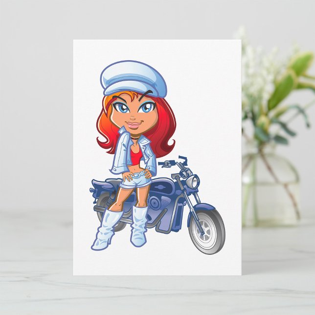 Invitation Sassy Biker Girl avec cheveux rouges et moto (Créateur téléchargé)