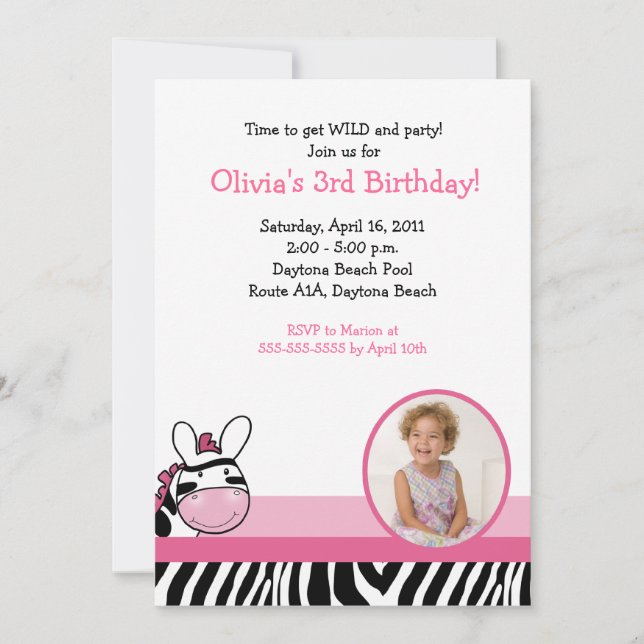 Invitation SASSY ZEBRA STRIPE DIVA *PHOTO* Anniversaire 5x7 (Devant)