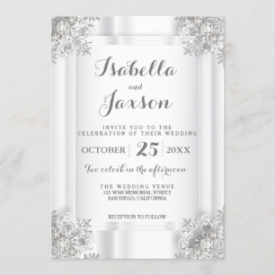 Invitation Satin blanc élégant et ornement blanc argenté