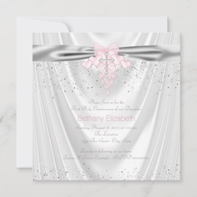 Invitation Satin Blanc Paillettes Croix Rose Première Communi (Devant)