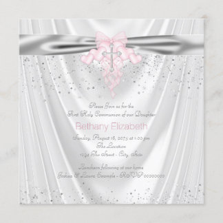 Invitation Satin Blanc Paillettes Croix Rose Première Communi