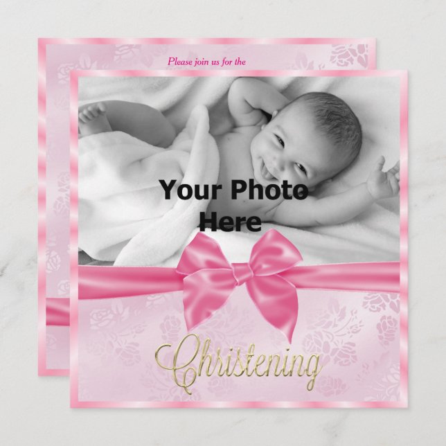 Invitation Satin Bow Photo Christening Girl's (Devant / Derrière)