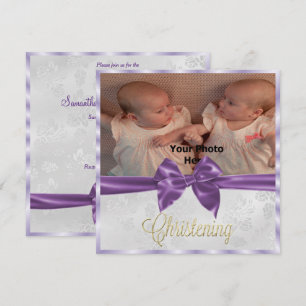 Invitation Satin Bow Photo jumeau Fille's Christening
