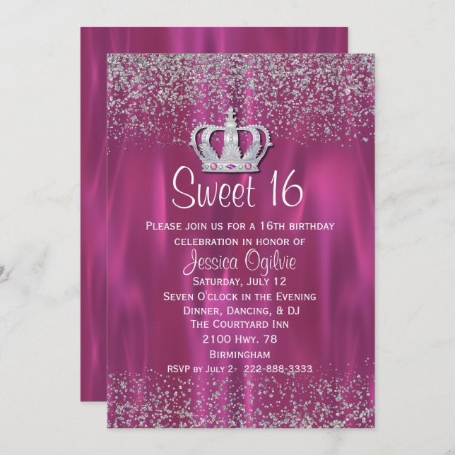 Invitation Satin et Parties scintillant Look Sweet 16 Invitat (Devant / Derrière)