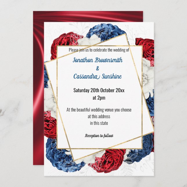INVITATION SATIN MODERNE ROUGE BLEU GRAY FLORAL MARIAGE BLANC (Devant / Derrière)