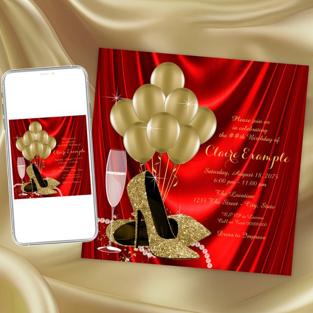 Invitation Satin rouge et or pour fête d'anniversaire de femm (Elegant red and gold shoe any event invitation. Instant download and printed invitations available.)