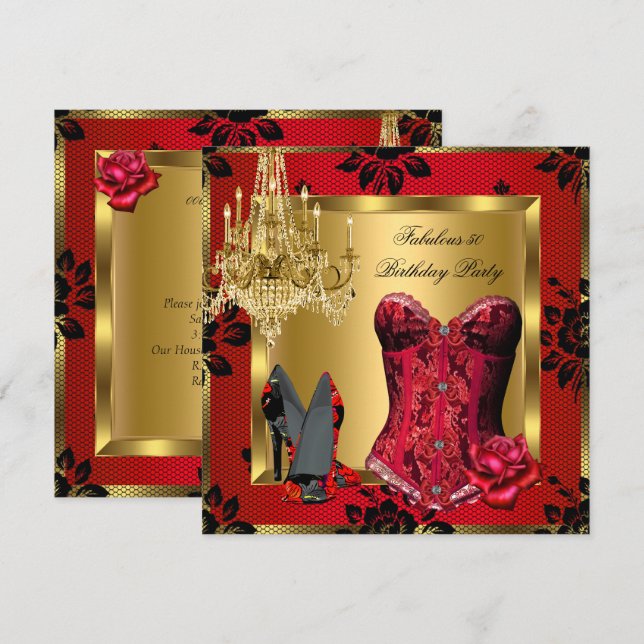 Invitation Satin Rouge Fabuleux Talons Lustre Corset Rose Den (Devant / Derrière)
