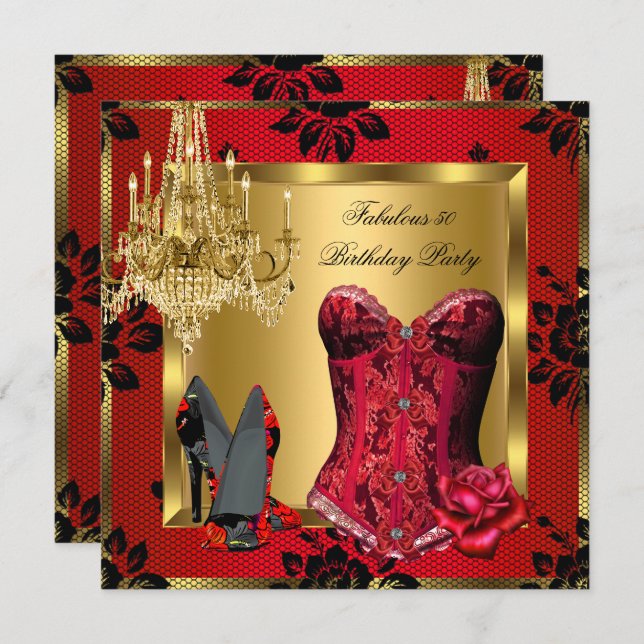 Invitation Satin Rouge Fabuleux Talons Lustre Corset Rose Lac (Devant / Derrière)