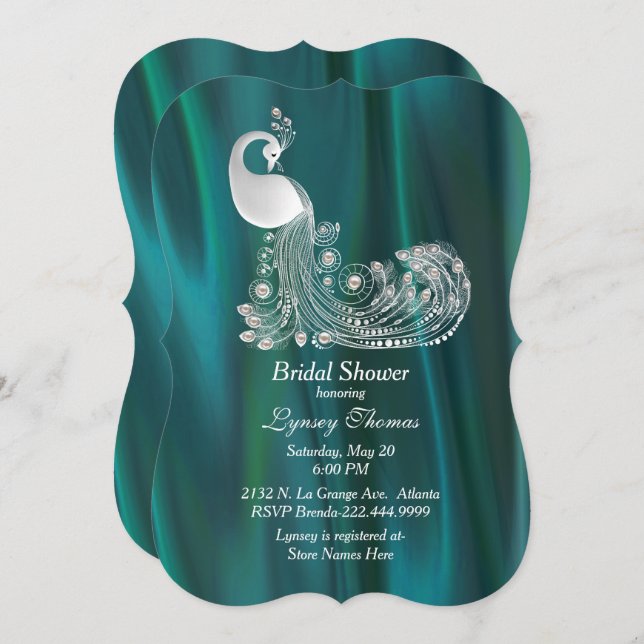 Invitation Satin turquoise avec Fête des mariées Peacock blan (Devant / Derrière)