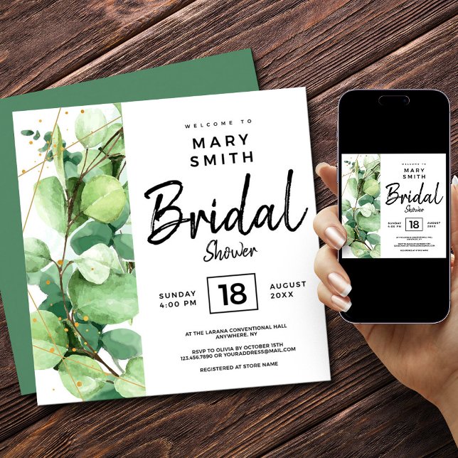 Invitation Sauge blanche élégante, douche de mariée botanique (Green Elegant Watercolor Eucalyptus Bridal Shower Invitation, Bridal Shower Invitation)