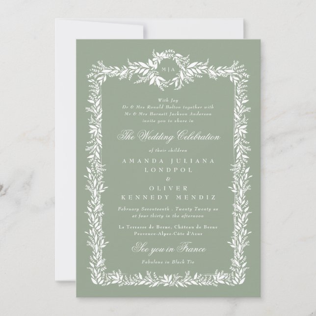 Invitation sauge vert botanique classique cadre feuillus mari (Devant)