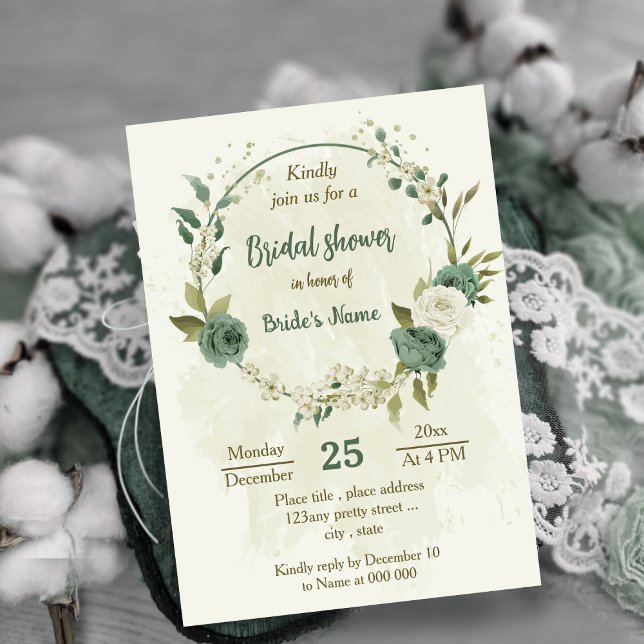 Invitation sauge vert fleurs blanches botanique douche de nup (Créateur téléchargé)