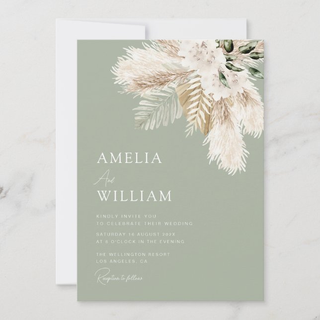 Invitation sauge vert pampas herbe mariage (Devant)