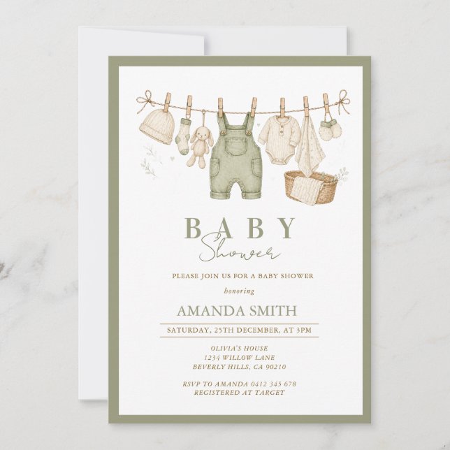 Invitation Sauge Vert Rustique Corde à Linge Suspendue Baby S (Devant)
