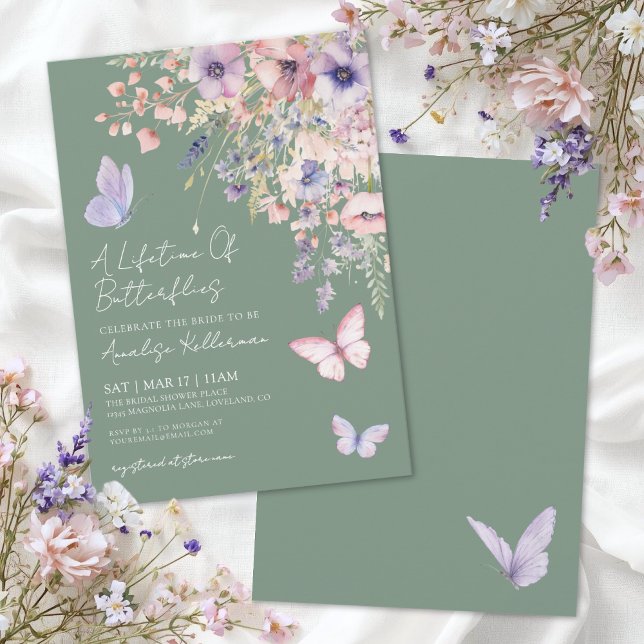 Invitation Sauge Verte Papillon Fête de Mariage Champêtre (Sage Green Butterfly Wildflower Bridal Shower Invitation)