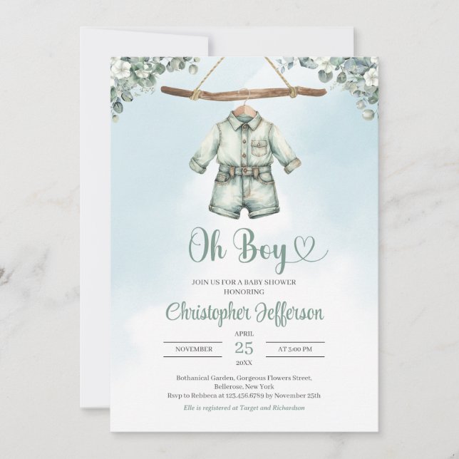 Invitation Sauge vintage vert eucalyptus garçon vêtements béb (Devant)