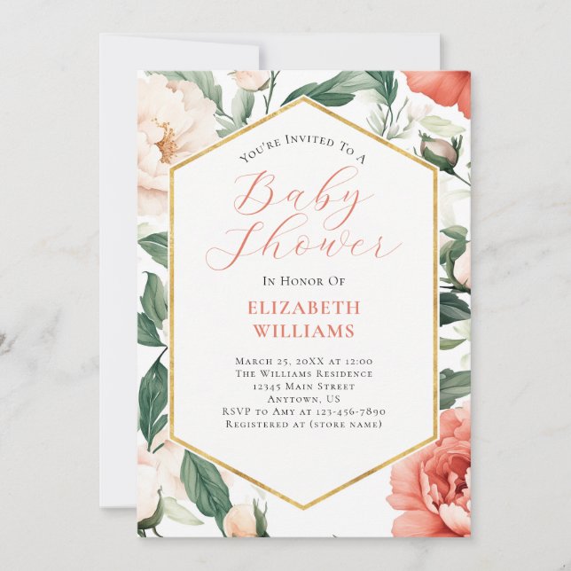 Invitation Saumon de corail Peonies d'ivoire Baby shower Invi (Devant)