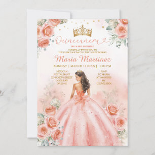 Invitation Saumon Peach Princesse Floral Gold Quinceañera